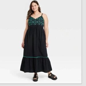 Ava & Viv Black Maxi Sundress - Sleeveless green embroidery - Womens 14W - NEW